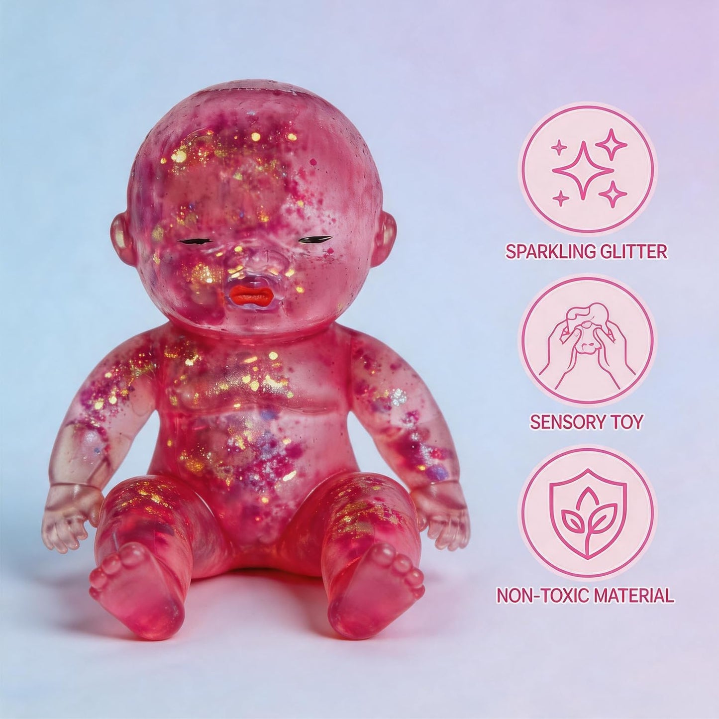Glitter Doll Squishies Stress Ball, Squishy Babies Sensory Fidget for Stress Relief, Soft Cute Squeeze, Portable Desk Decor & Relaxing Gift for Adults (Pink)