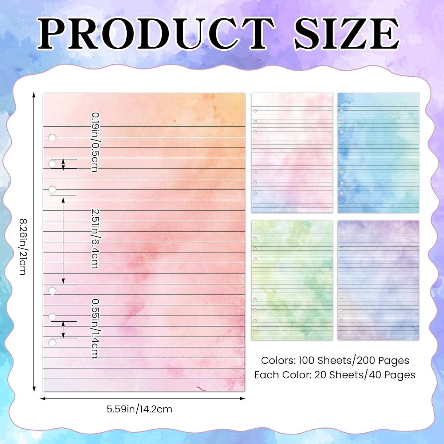 100 Sheets Gradient A5 Refill Papers for Planner Binder Insert with Pink Pu Leather 6 Ring Binder Cover, 120GSM Thick Watercolor Loose Leaf Papers Filler for Notebook Journal Girls Women Graduation