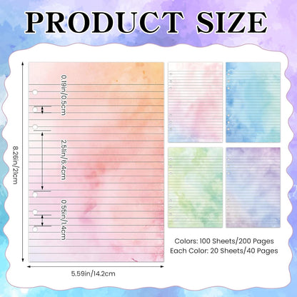 100 Sheets Gradient A5 Refill Papers for Planner Binder Insert with Pink Pu Leather 6 Ring Binder Cover, 120GSM Thick Watercolor Loose Leaf Papers Filler for Notebook Journal Girls Women Graduation