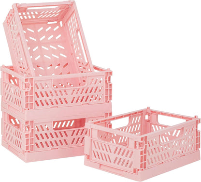 4-Pack Pink Baskets Plastic Storage Crate Small Baskets for Organizing Collapsible Storage Crates for Desk Organizers,Stackable Cute Storage Bins for Classroom,Office,Bathroom 5.9"x 3.9" x 2.3"