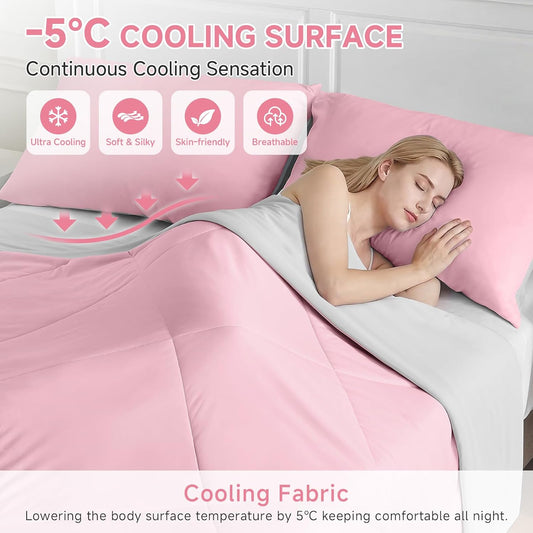 HOMFINE Cooling Comforter Japanese Double-Sided Cold Tech Fabric Cooling Blanket for Night Sweats Hot Sleepers, Q-Max 0.45 Soft Breathable Silk Smooth Lightweight Pink Summer Comforter Twin