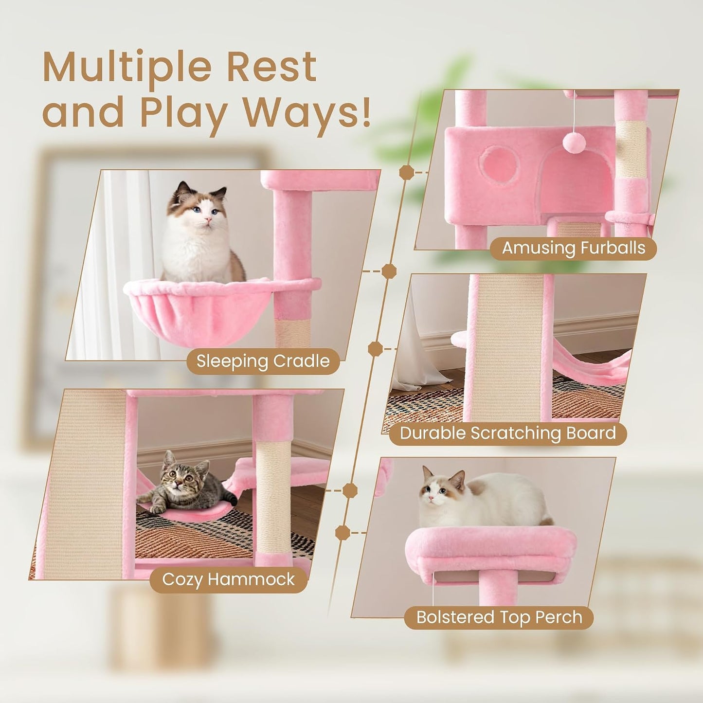 SHA CERLIN 65in Larger Cat Tree Tower Condo for Indoor Kitties/Multi-Level Furniture Activity Center with Wide Base/Cozy Plush Cat Perches/Baskets/Sisal Scratching Posts and Hammock/Pink