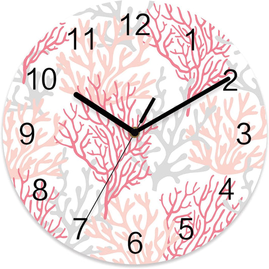 Summer Ocean Pink and Gray Coral Wall Clock Battery Operated Non-Ticking 12" Round Wood Clocks, Kitchen Wall Clock for School Bathroom Living Room Home Office Wall Decor