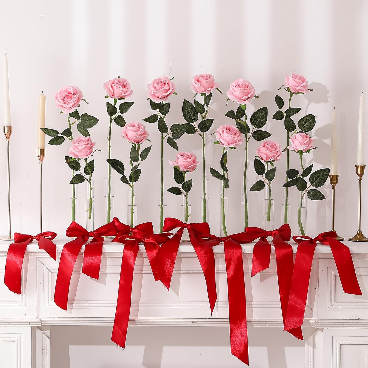 Hawesome 12PCS Artificial Silk Flowers Realistic Roses Bouquet Long Stem for Home Wedding Decoration Party (Pink, 12Pcs Flowers)