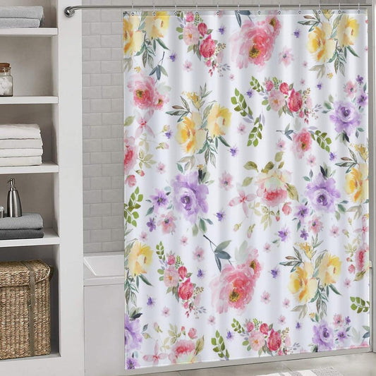 Pink Floral Shower Curtain, Watercolor Wildflower Spring Plant Botanical Aesthetic Country Farmhouse Girls Woman Waterproof Fabric Bathroom Shower Curtain Set with Hooks, 72"x84" Inch