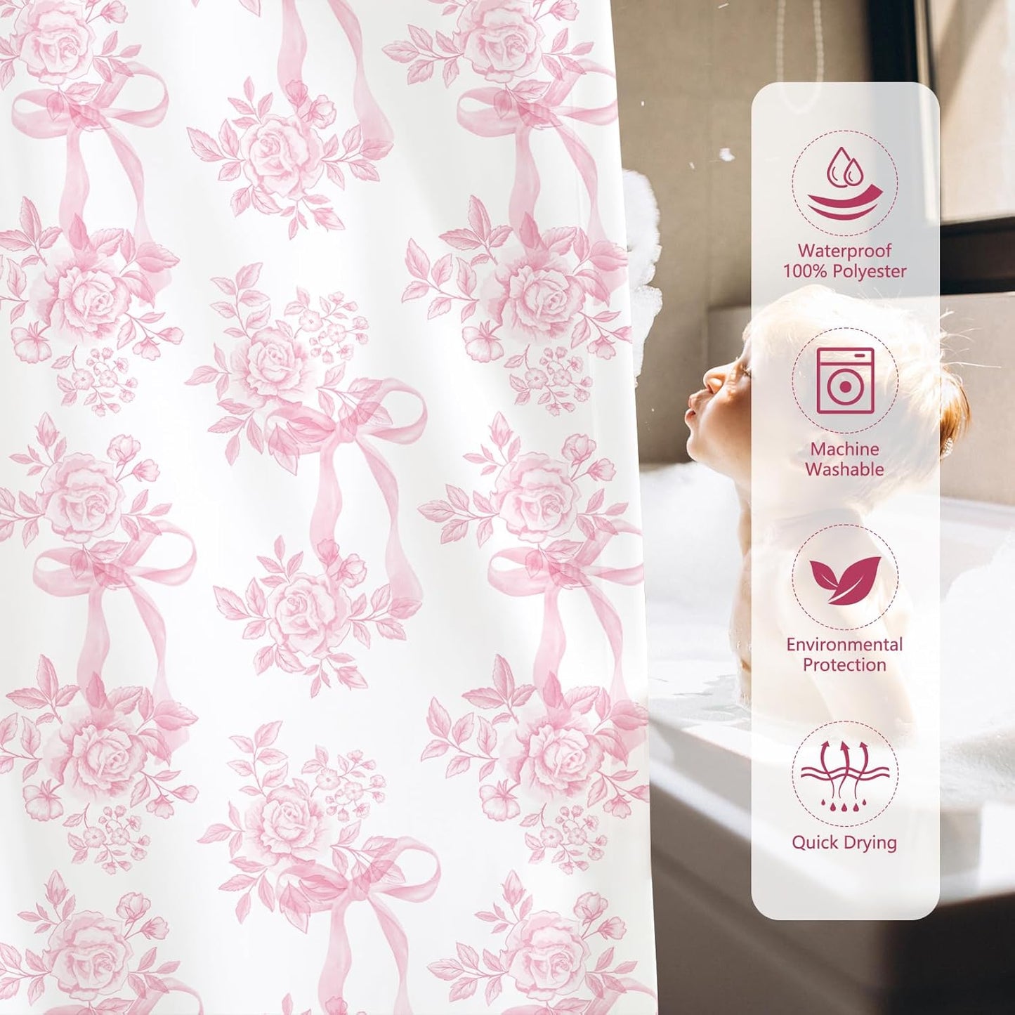 MEHOFOND Pink Floral Bow Shower Curtain, Coquette Cute Bowknot Shower Curtain,Chinoiserie Flower Bow-tie Bathroom Decor Curtain Romantic Pink Aesthetic Bathroom Curtain with 12 Hooks 72x72IN