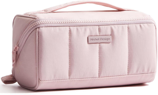 NISHEL Travel Makeup Bag for Women, Fluffy & Lightweight Open Flat Cosmetic Organizer with Multiple Functional Divider for Brush Independent Storage, Handle for Easy Portability, Pink