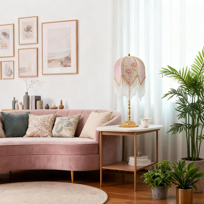 American Retro Pink Table Lamp, Handmade Custom Beaded Tassel Desk Lamp, Victorian Style, for Bedside Bedroom Living Room Study Room Home Office Reading Room Desk Lamp