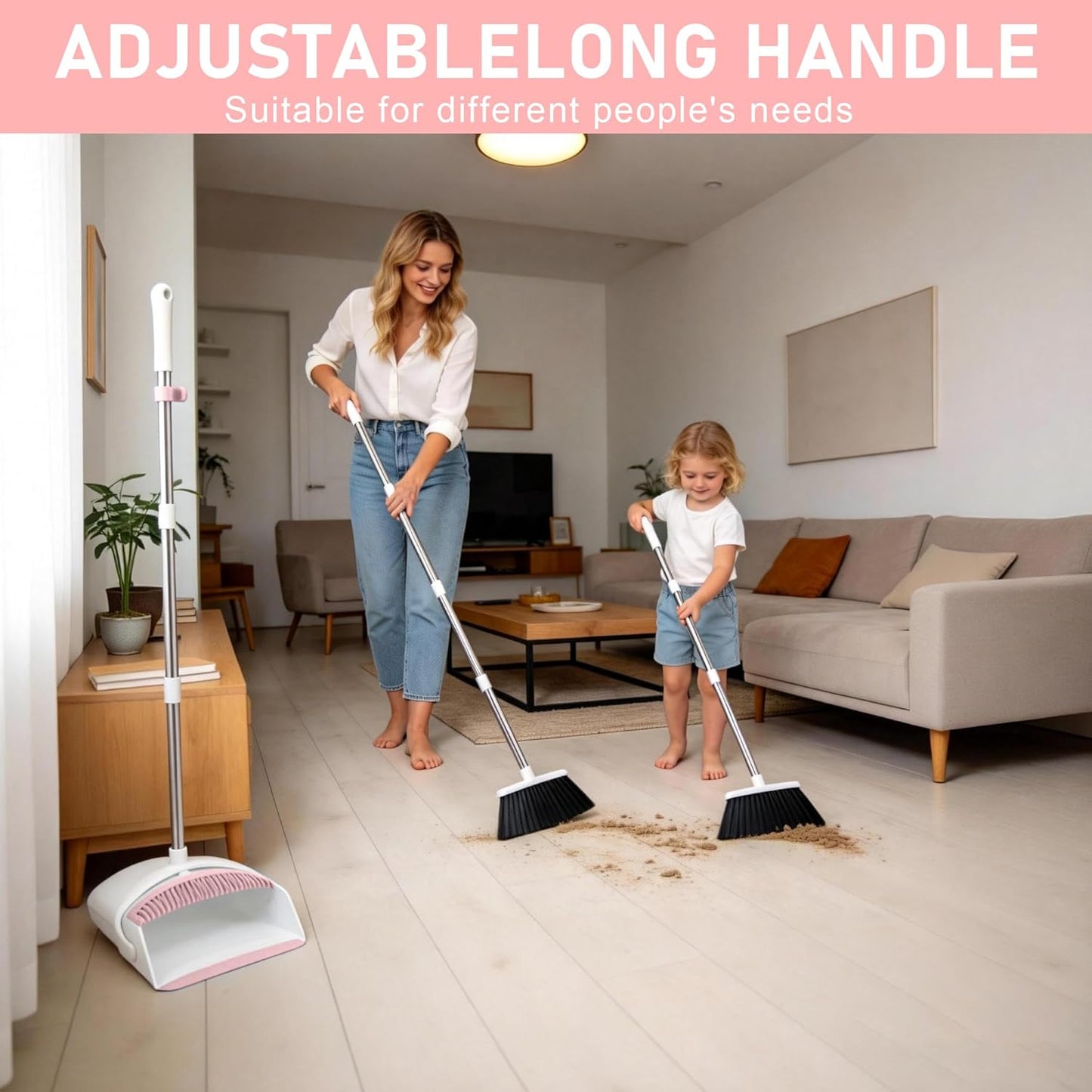 Broom with Dustpan Combo Set for Home, 52-in Long Handle Adjustable Broom and Dustpan Set with Dustpan Teeth for Sweeping Pet Hair Food Dirt Kitchen (Pink)