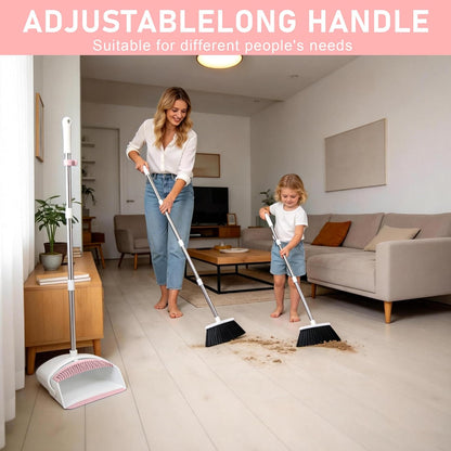 Broom with Dustpan Combo Set for Home, 52-in Long Handle Adjustable Broom and Dustpan Set with Dustpan Teeth for Sweeping Pet Hair Food Dirt Kitchen (Pink)