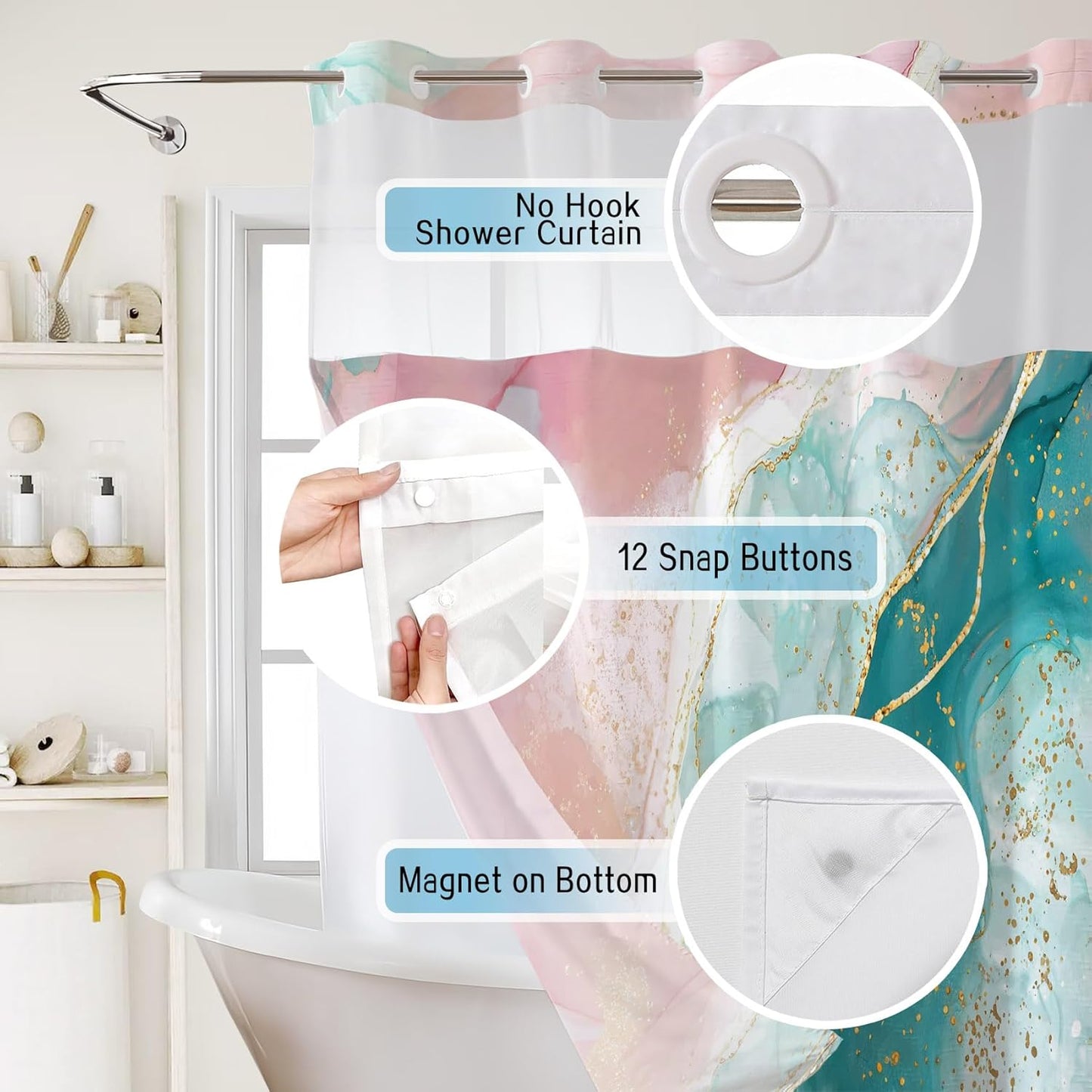 HVEST Pink Teal Marble No Hook Shower Curtain and Liner Set Abstract and Modern No Hook Shower Curtain with Snap in Liner Pink and Green Marble Shower Curtains for Bathroom,72 x 74 inch