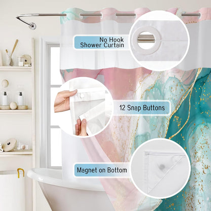 HVEST Pink Teal Marble No Hook Shower Curtain and Liner Set Abstract and Modern No Hook Shower Curtain with Snap in Liner Pink and Green Marble Shower Curtains for Bathroom,72 x 74 inch
