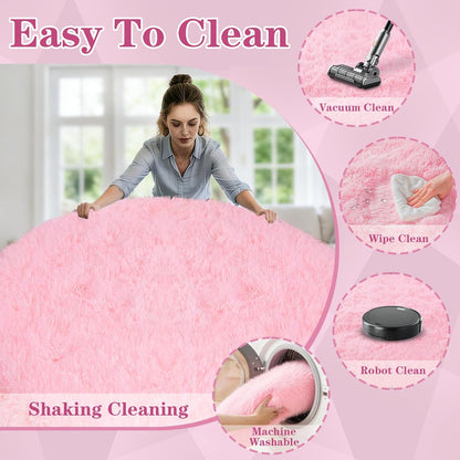 Pink Round Rug for Bedroom: Soft Fluffy Shag Washable Rug Fuzzy Circle Rugs Plush Indoor Carpet for Living Room Nursery Playroom Girls Boys Kids Room (Pink, 4'x4')