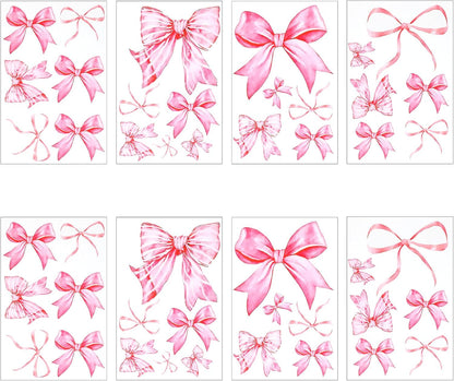 8Sheet/46PCS Pink Bow Wall Stickers, Bow Wall Decals for Bedroom and Bathroom, Bows Wallpaper for Valentine's Day Girls Party Home Bedroom Nursery