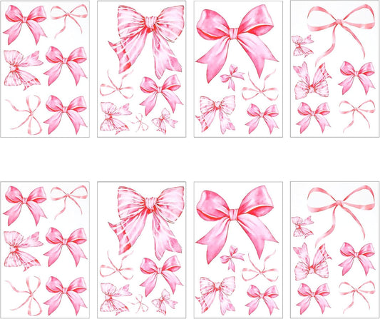 8Sheet/46PCS Pink Bow Wall Stickers, Bow Wall Decals for Bedroom and Bathroom, Bows Wallpaper for Valentine's Day Girls Party Home Bedroom Nursery
