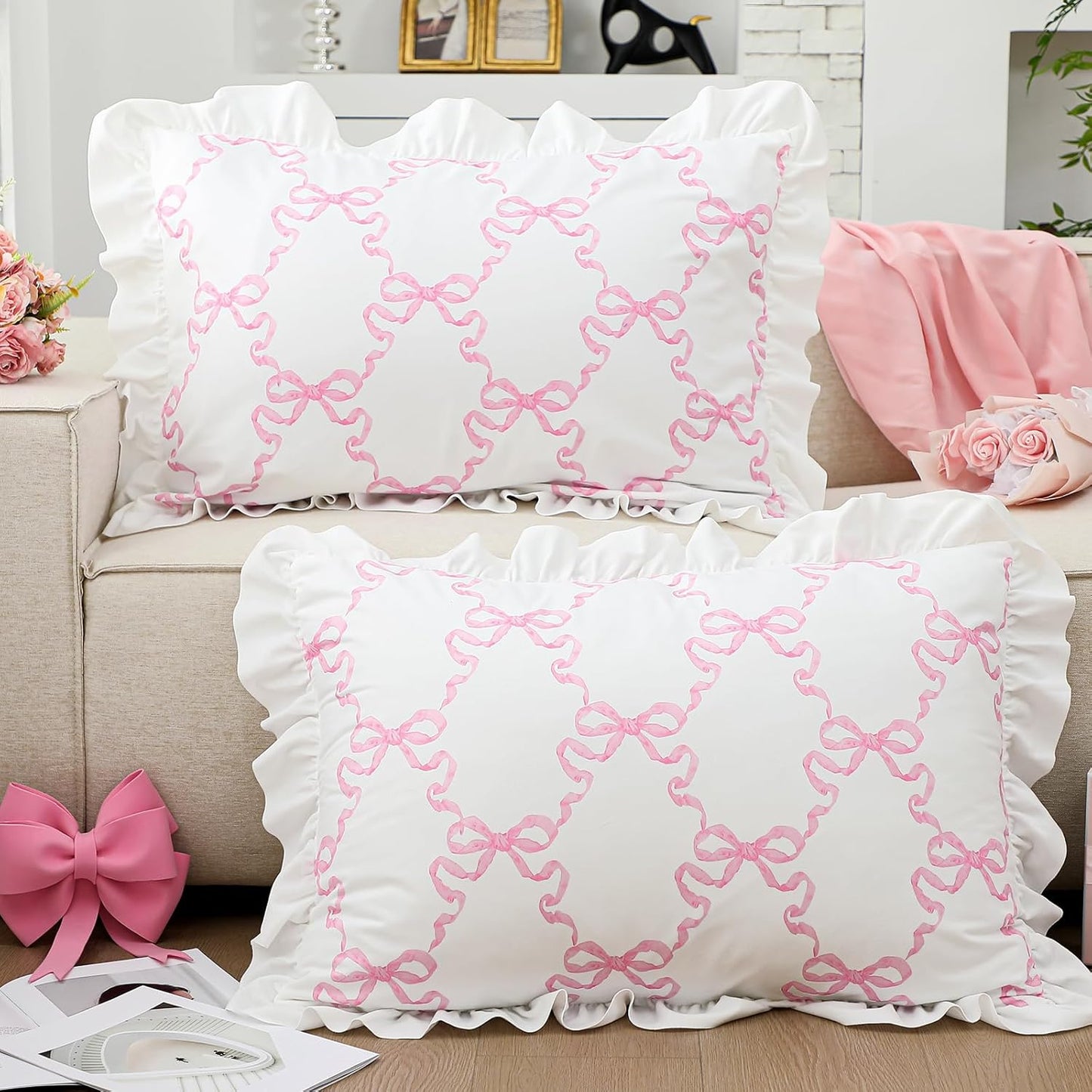 Fanfanwin Pink Bow Pillow Covers Set of 2 Christmas Ruffle Pillow Cases Coquette Pillowcase Sham Covers Cute Preppy Bow Pillows Decorative Girly Apartment Bedroom Room Decor 20 x 30''