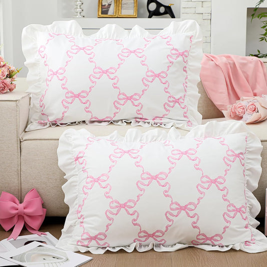 Fanfanwin Pink Bow Pillow Covers Set of 2 Christmas Ruffle Pillow Cases Coquette Pillowcase Sham Covers Cute Preppy Bow Pillows Decorative Girly Apartment Bedroom Room Decor 20 x 30''