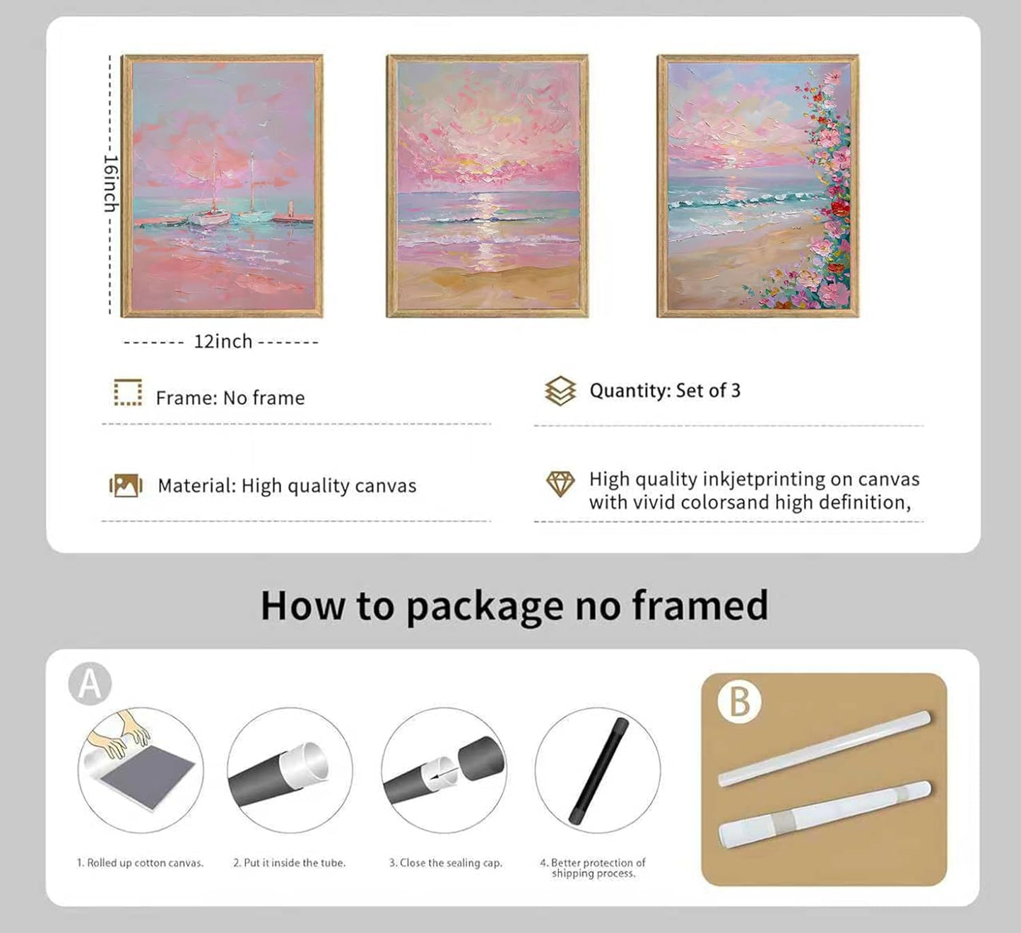 Kouserlin 3 Pcs Pastel Coastal Wall Art Set, Unframed Pink Ocean Beach Canvas Posters, Grandmillennial Preppy Room Decor of Sailboat & Wildflower for Bedroom, Girls Dorm(12x16Inch)