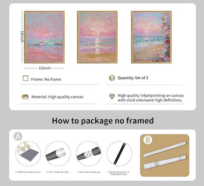 Kouserlin 3 Pcs Pastel Coastal Wall Art Set, Unframed Pink Ocean Beach Canvas Posters, Grandmillennial Preppy Room Decor of Sailboat & Wildflower for Bedroom, Girls Dorm(12x16Inch)