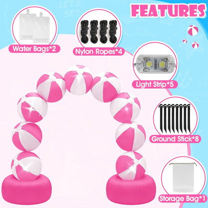 8FT Inflatable Beach Ball Arch Built-in 5 LED Lights Pink Blow Up Archway for Summer Outdoor Decorations Tropical Luau Carnival Pool Beach Birthday Party Supplies Yard Garden Lawn Photo Backdrop