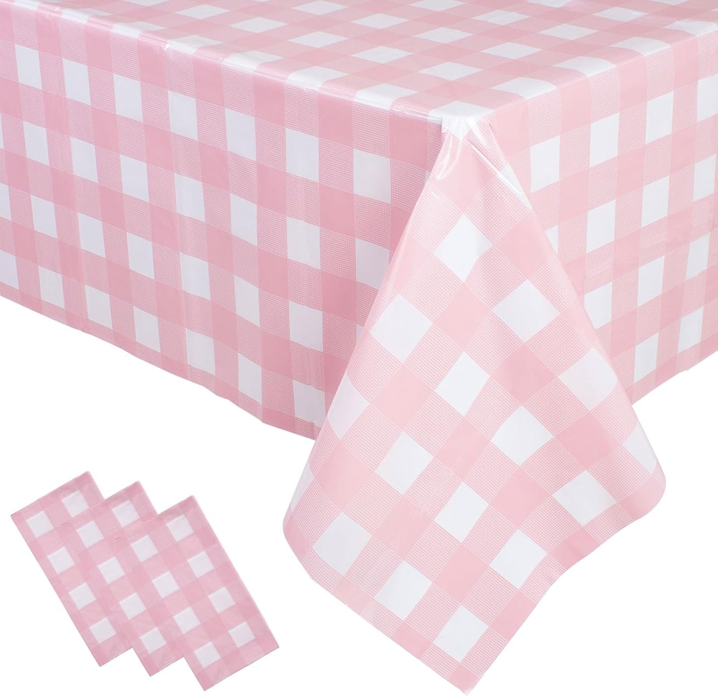 3 Packs Pink Gingham Tablecloth 54 x 108 Inches Pink and White Checkered Disposable Plastic Waterproof Picnic Table Cover for Camping and Birthday Party Supplies