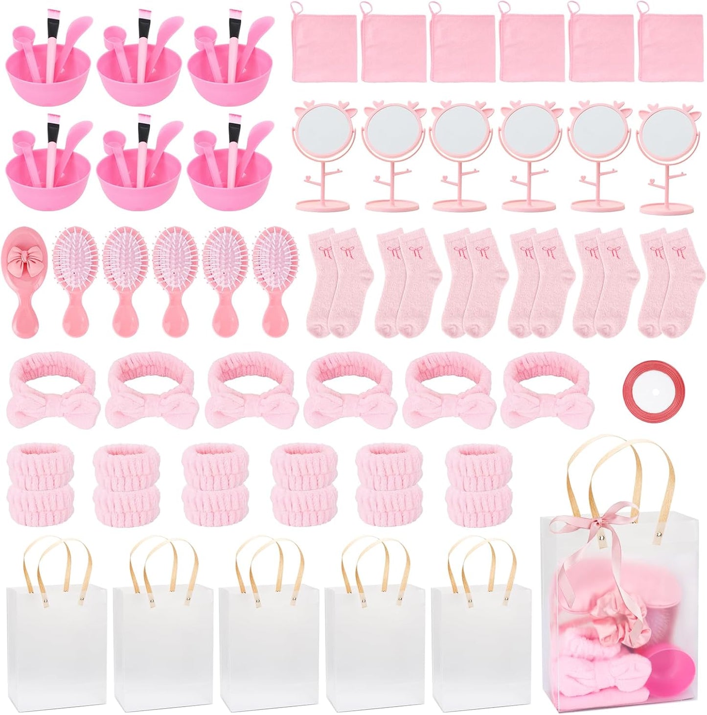 56 Pcs Pink Spa Sleepover Party Supplies Include Sleep Eye Mask Wristband Scrunchie Spa Headband with Coquette Bow Mirror Hair Comb Gift Bags for Women (Spa Party Favors（6 setd）)