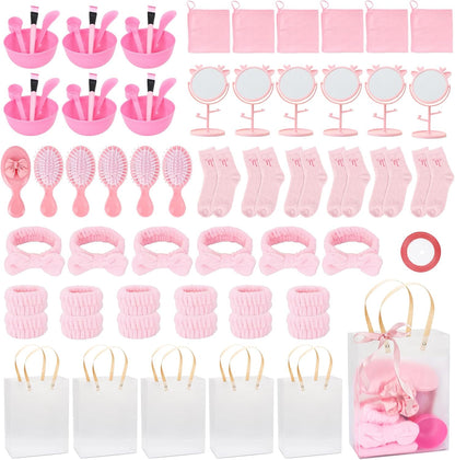 56 Pcs Pink Spa Sleepover Party Supplies Include Sleep Eye Mask Wristband Scrunchie Spa Headband with Coquette Bow Mirror Hair Comb Gift Bags for Women (Spa Party Favors（6 setd）)