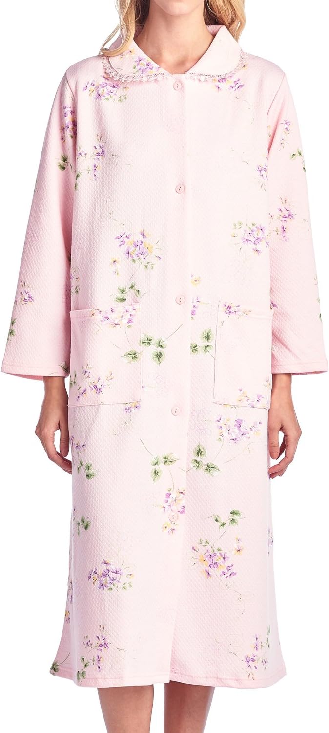 Casual Nights Women's Quilted House Coat Button Down Robe Long Sleeve Below Knee