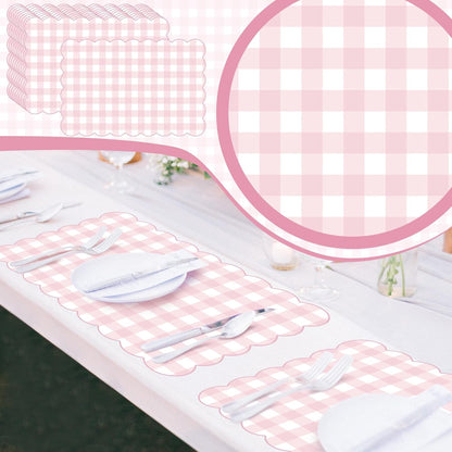 60 Pcs Pink Gingham Paper Placemat Party Supplies Gift Scalloped Table Placemat 17.7 X11.8 Inch Disposable Decorative Paper Mats Bulk for Valentine's Anniversay Baby Shower Wedding Banquet
