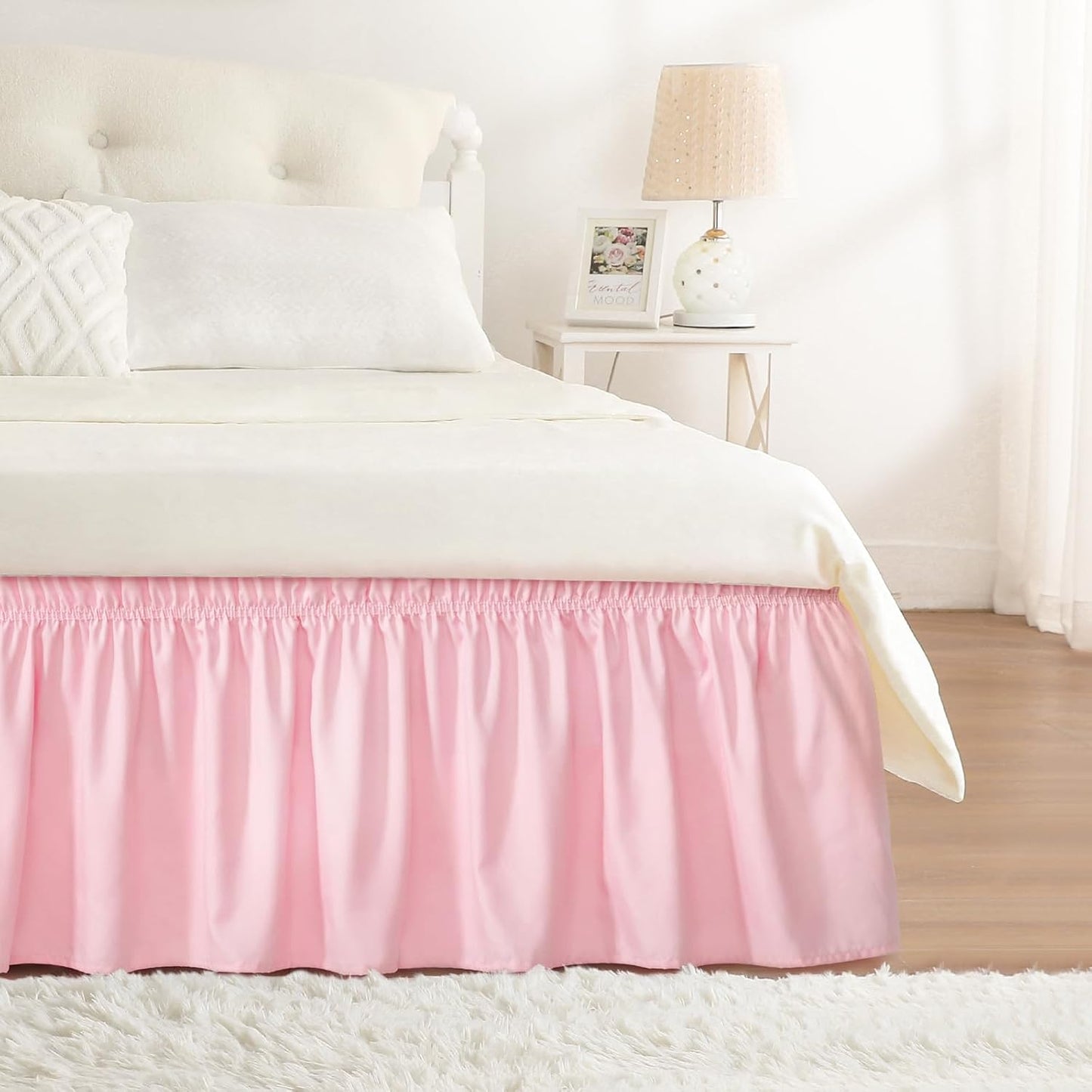 RIMELA Pink Bed Skirt Queen Size 15 Inch Drop, Wrap Around Elastic Bedskirt, Dust Ruffle for Adjustable Bed Base Machine Washable Easy to Install Bed Skirts