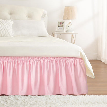 RIMELA Pink Bed Skirt Queen Size 15 Inch Drop, Wrap Around Elastic Bedskirt, Dust Ruffle for Adjustable Bed Base Machine Washable Easy to Install Bed Skirts