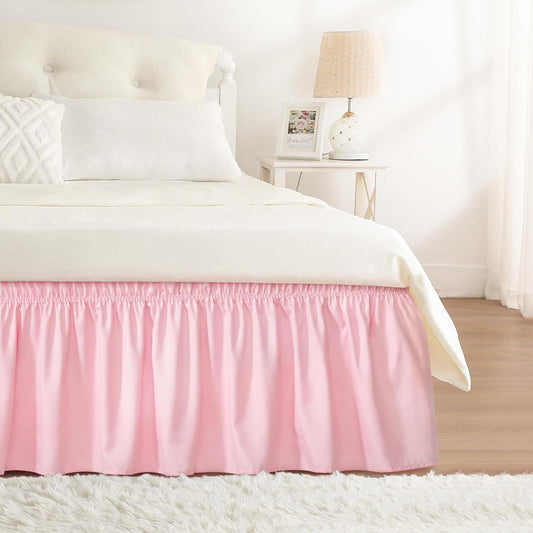 RIMELA Pink Bed Skirt Queen Size 15 Inch Drop, Wrap Around Elastic Bedskirt, Dust Ruffle for Adjustable Bed Base Machine Washable Easy to Install Bed Skirts