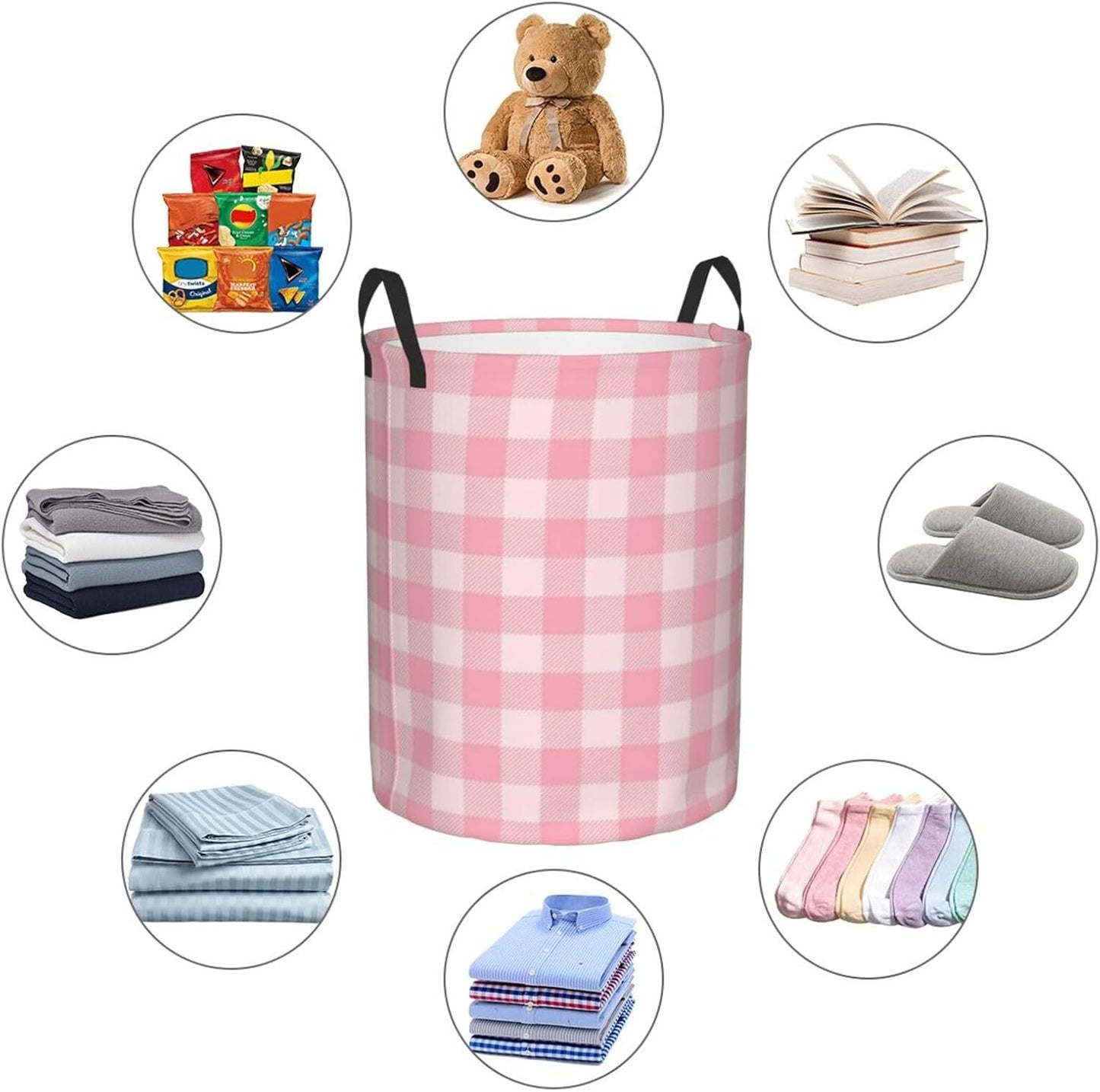 Pink Checkered Large Laundry Basket,Collapsible Laundry Hamper With Handle Checkered Room Decor,Round Waterproof Dirty Clothes Hamper Toy Organizer Storage Basket Gift for Home Bedroom Bathroom Decor