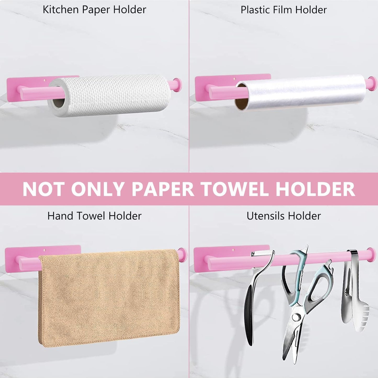 Pink Paper Towel Holder, Self Adhesive Paper Towels Roll Holders Under Cabinet, Stainless Steel Wall Mount Towel Paper Holder for Kitchen, Bathroom