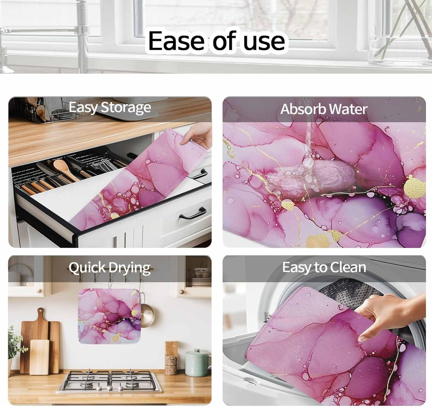 Dish Drying Mat Ombre Pink Golden Marble Texture Kitchen Counter Drying Pad for Dishes Glasses Cups and Cookware Abstract Art Absorbent Dish Drying Mat Kitchen Accessories 2 Pack 16" x 18"
