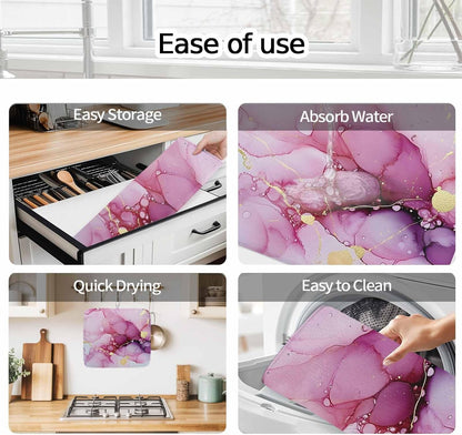 Dish Drying Mat Ombre Pink Golden Marble Texture Kitchen Counter Drying Pad for Dishes Glasses Cups and Cookware Abstract Art Absorbent Dish Drying Mat Kitchen Accessories 2 Pack 16" x 18"