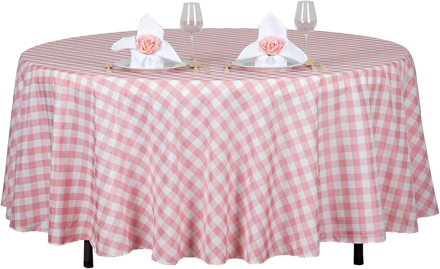 BalsaCircle 108-Inch Rose Quartz Pink Round Gingham Checkered Polyester Tablecloth Table Linens Wedding Party Events Decorations
