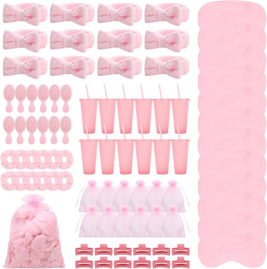 84 Pcs Pink Spa Party Supplies Bulk Include 12 Bow Hairbands 12 Hair Scrunchies 12 Glitter Cups 12 Sleep Eye Mask 12 Organza Bag 12 Hair Clips 12 Combs for Sleepover Party Supplies Spa Birthday Party