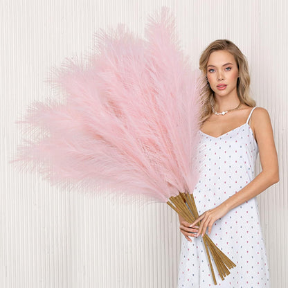 Ouddy Decor 8 Pcs Faux Pampas Grass Decor 38''/97cm Tall Artificial Large Pompous Pompas Floral Fluffy Fake Plants Floor Vase Filler for Wedding Kitchen Home Boho Decorations, Pink