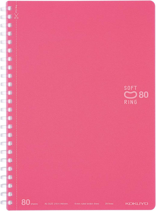 KOKUYO Spiral Lined Notebook, 8.3'' x 5.8'' Pastel Journal A5 Soft Ring Notebooks with Dot 6 mm Ruled, 80 Sheets, Light Pink 1 Subject Notebook, Note Taking for School (SU-SV338BT-LP)