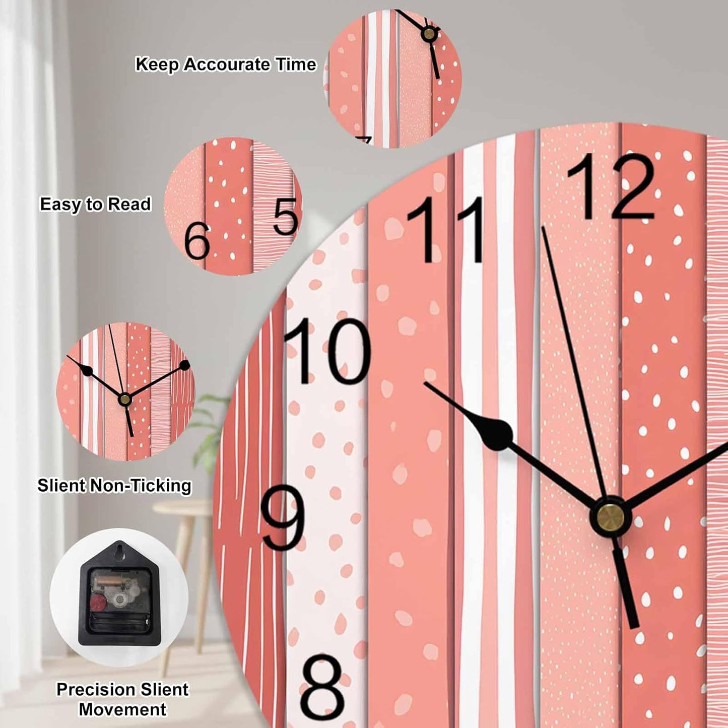 Wall Clock Pink Stripes Clocks PVC Silent Non-Ticking Battery Operated Decorative Coral Polka Dots Striped Grain Round Clock for Home Living Room Kitchen Bedroom Office School Wall Decor 10 Inch
