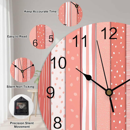 Wall Clock Pink Stripes Clocks PVC Silent Non-Ticking Battery Operated Decorative Coral Polka Dots Striped Grain Round Clock for Home Living Room Kitchen Bedroom Office School Wall Decor 10 Inch