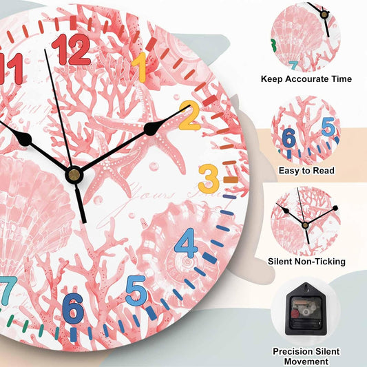 Wall Clock Pink Starfish Conch Clocks PVC Silent Non-Ticking Battery Operated Decorative Colorful Teaching Coral Shell Round Clock for Kids Room Living Room Bedroom Office School Wall Decor 10 Inch