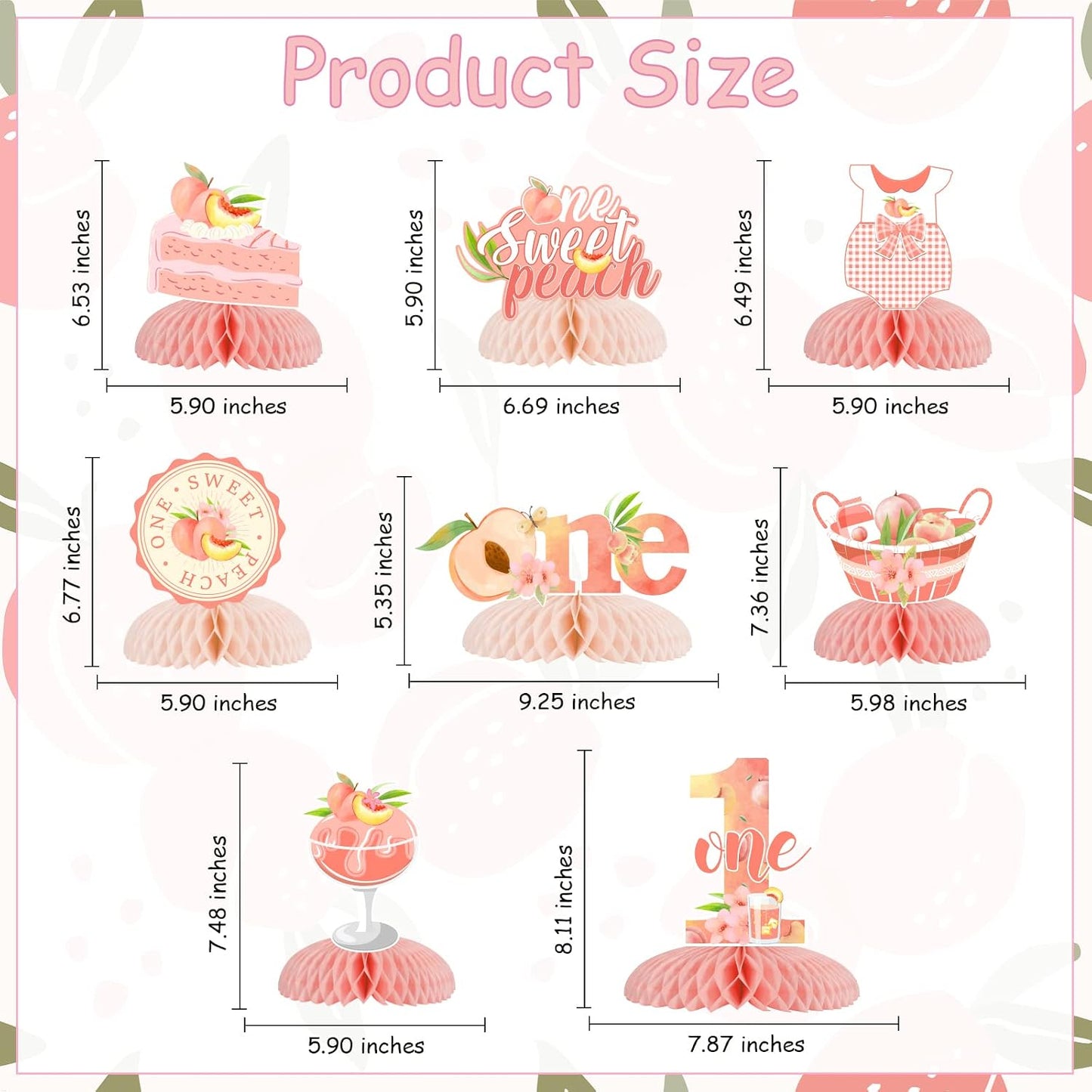 Peach Honeycomb Centerpieces Decorations - Peach First Birthday Decorations Girl, Double-Sided Printing One Sweet Peach Honeycomb Centerpiece for Fruit Themed Birthday Party