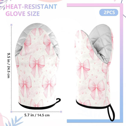 Bows Light Pink Non-Slip Oven Mitts Set Heat Resistant Kitchen Gloves with Quilted Liner Cotton Machine Washable with Hanging Loop for Baking Grilling BBQ