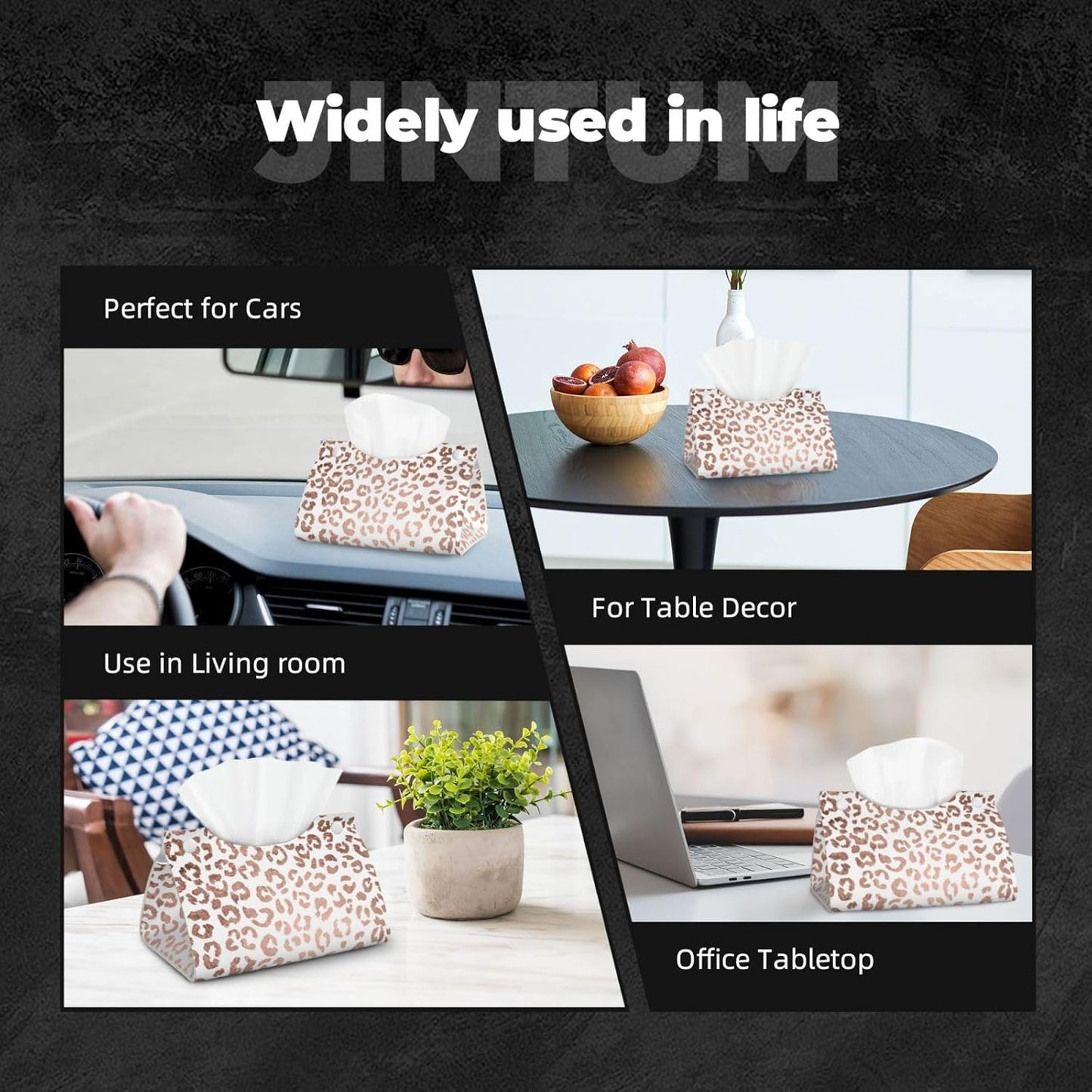 Stylish Hand Drawn Rose Gold Leopard Print Tissue Box Cover Rectangle PU Leather Facial Case Paper Holder Organizer for Decor Bathroom Vanity Countertop Bedroom Dresser Night Stand Desk Car Office