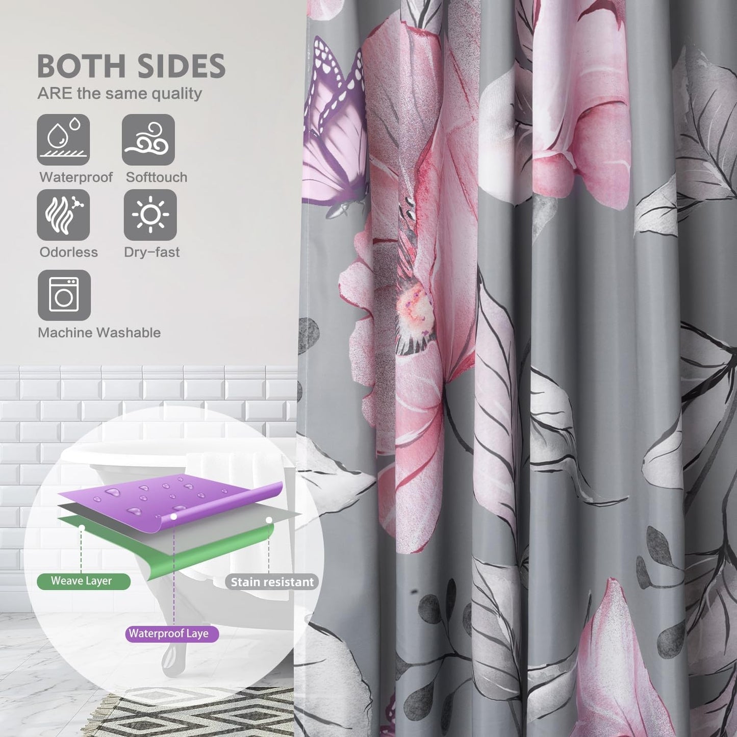 Lokigo Modern Floral Shower Curtain Grey Pink Flower Fabric Shower Curtains for Bathroom Home Hotel Plants Shower Curtain with Hooks, 72 x 72 Inches