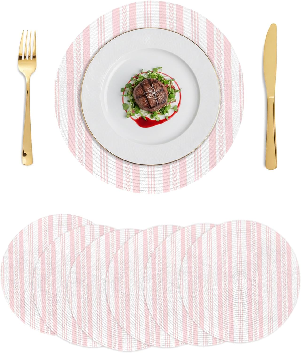 Round 13'' Placemats Set of 6, Pink Line Striped HeatResistant Polypropylene Placemats, Farmhouse Modern Geometric Stripes Washable Braided Place Mats for Dining Table, Non Slip Kitchen Table Decor