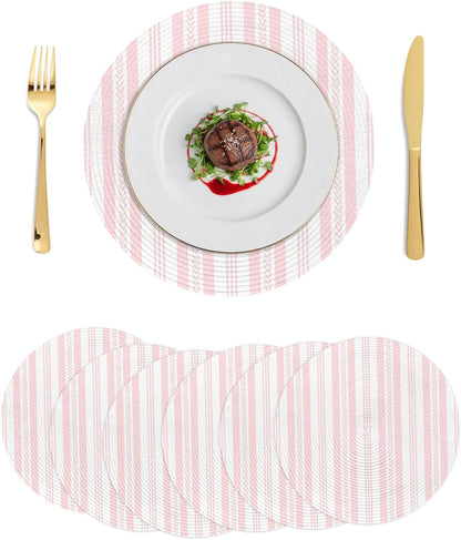 Round 13'' Placemats Set of 6, Pink Line Striped HeatResistant Polypropylene Placemats, Farmhouse Modern Geometric Stripes Washable Braided Place Mats for Dining Table, Non Slip Kitchen Table Decor