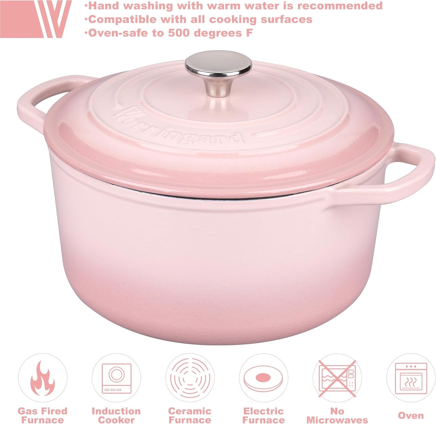 VORRINGARD Enameled Cast Iron Dutch Oven Pot with Lid, for Sourdough Bread Baking, Round Dutch Ovens, 4.5 Quart, Pink